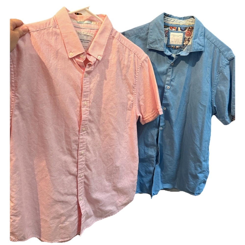 Denim & Flower Ricky Singh Button Down Short Sleeve Shirts 2 Sz Med. Blue & Pink